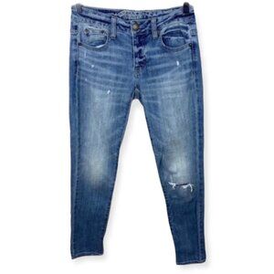 American Eagle Boy Jean Button Fly Stretch Jeans Women Size 00 Distressed‎ Denim